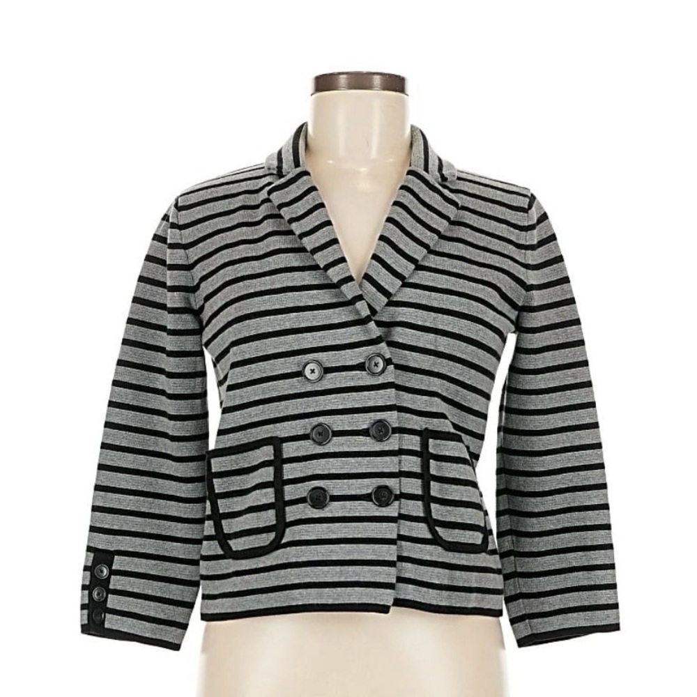 LOFT Ann Taylor Black and Gray Striped Pea Coat